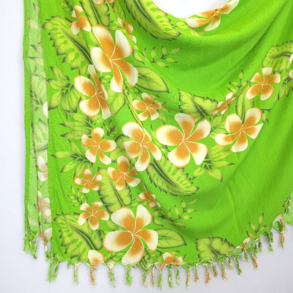 Hawaiian Scarf Wrap Sarong Pink Hibiscus Palm Tree Fringe Green Orange 60x43 - Picture 5 of 5